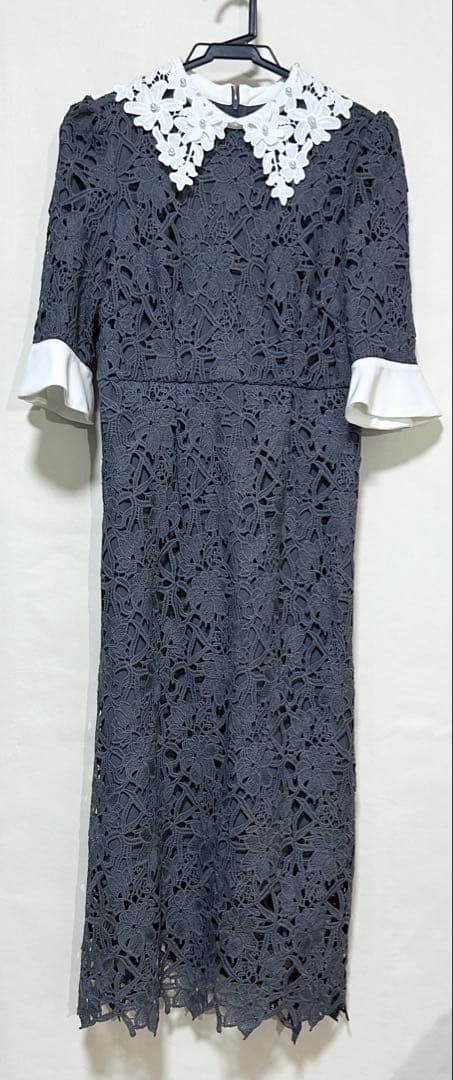 Leja Mサイズ　花柄レースカラー　Aラインワンピース　ドレス　ブルー
