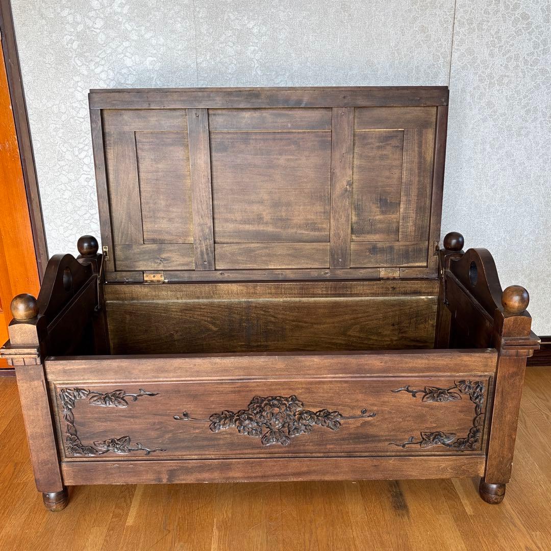 アンティーク調　収納付き木製ベンチ