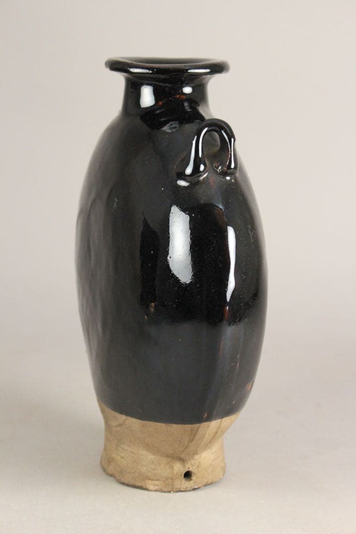 No4476 中国美術　磁州窯　黒釉葉文扁壷　木製台/木箱付　花器　送料無料