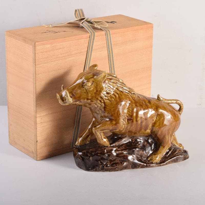 九谷焼　人間国宝　三代徳田八十吉作　猪　干支置物　C　8299