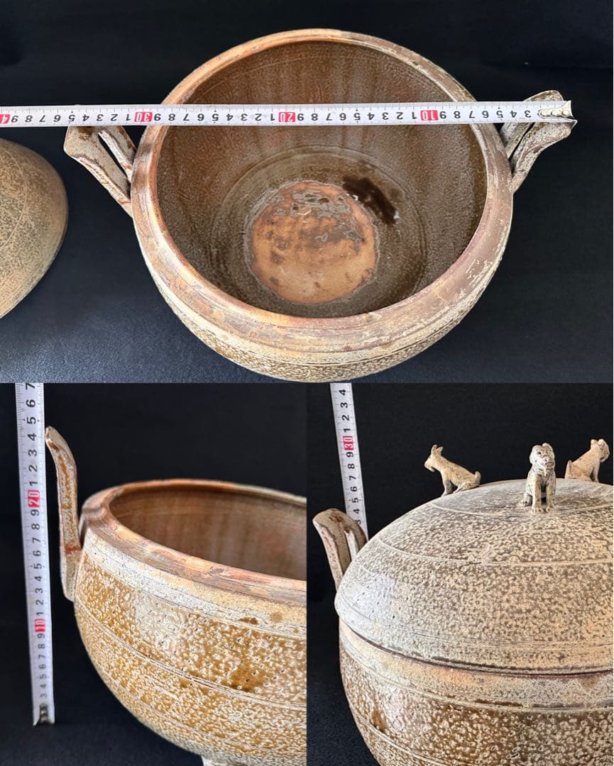 中国美術 灰陶緑釉 三足蓋付三獣摘 鼎 直径35cm 細密細工 古美術