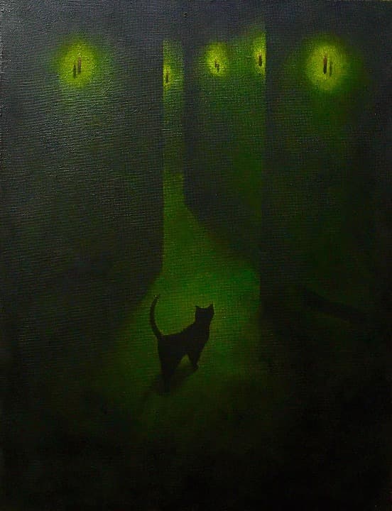 【即購入OK】黒猫　幻想的な絵画（F6号油絵:額縁がなくても飾れます）