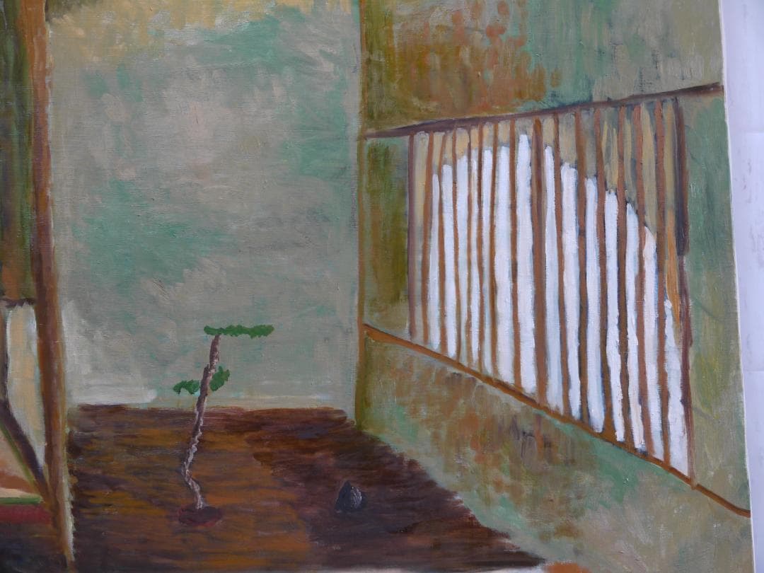 97×130㎝「掛け軸と石と盆栽がある床の間」油彩・原画・F60