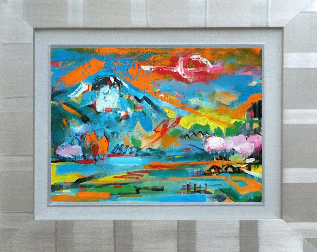 油絵 菅家令子 絵画インテリア額付(白) uF6-063203 田園風景 朝夕陽