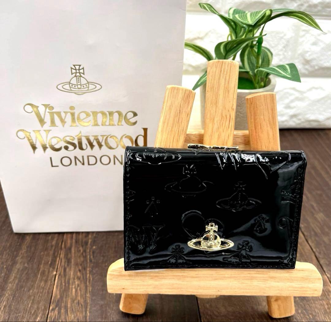 新品未使用　ヴィヴィアンウエストウッド 三つ折財布　黒　エナメル　がま口　④