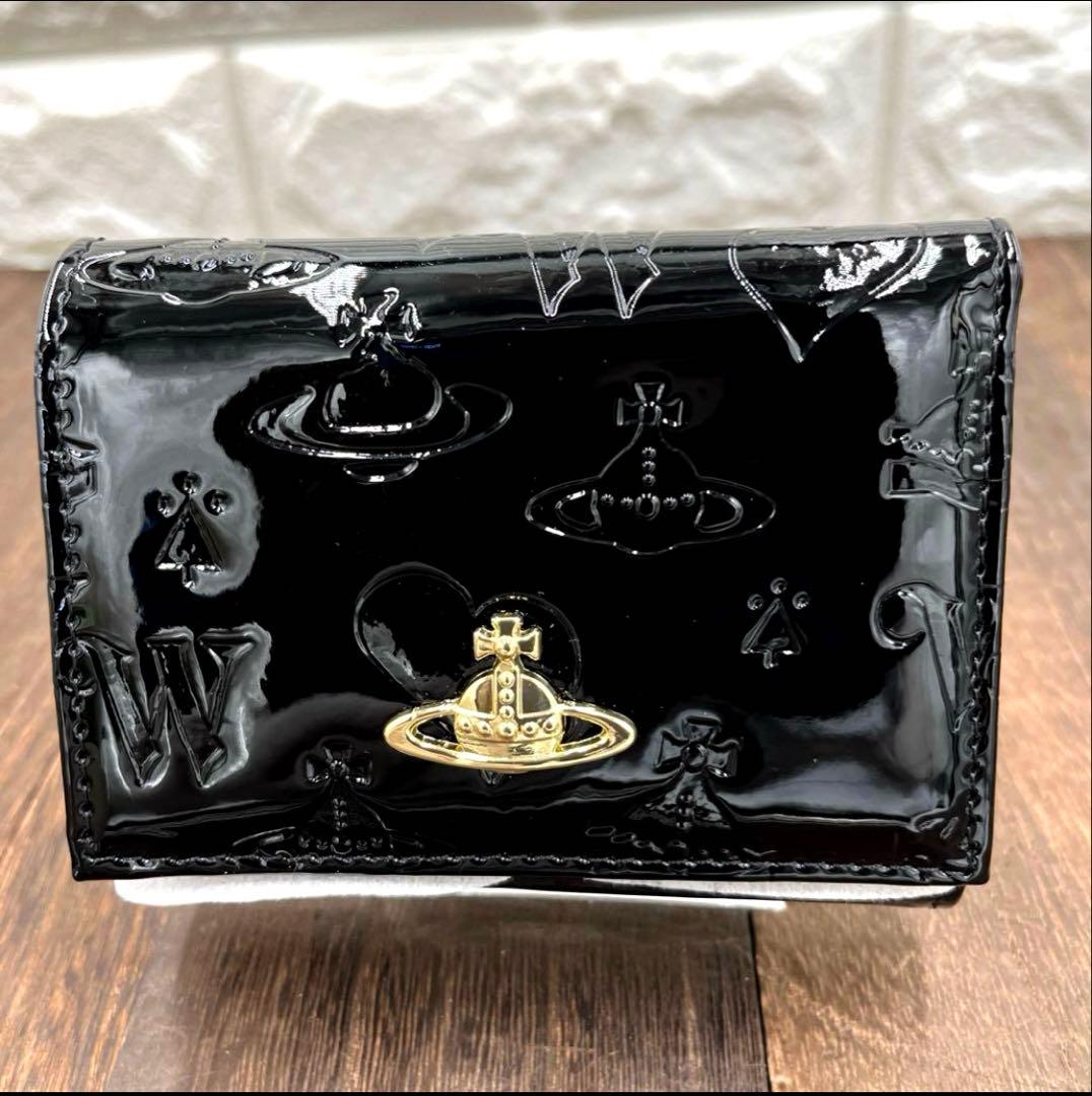 新品未使用　ヴィヴィアンウエストウッド 三つ折財布　黒　エナメル　がま口　④