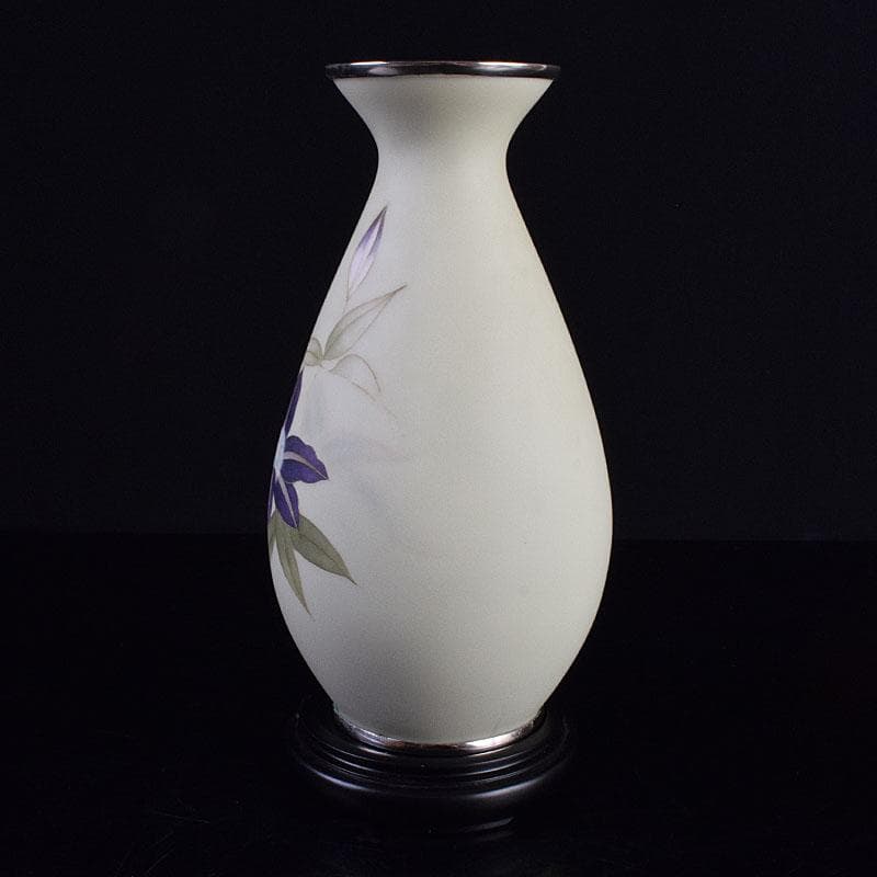 七宝焼　服部喜久作　花文　花瓶　唐木台付　共箱　V　R9527