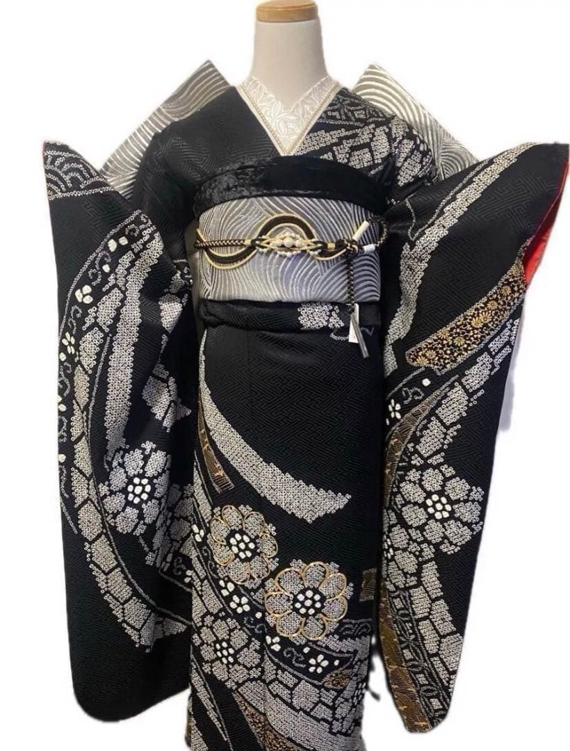 振袖フルセット　総絞り　黒　金　シルバー　成人式　豪華振袖　振袖6点セット　正絹