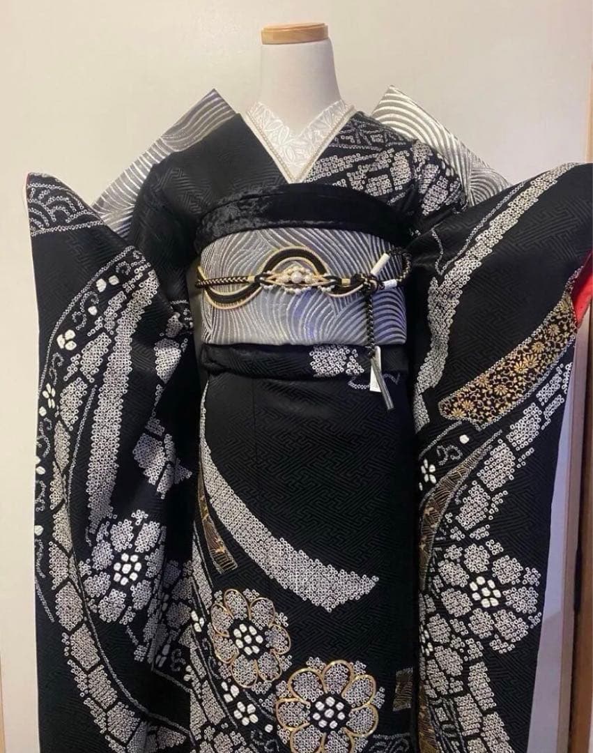 振袖フルセット　総絞り　黒　金　シルバー　成人式　豪華振袖　振袖6点セット　正絹