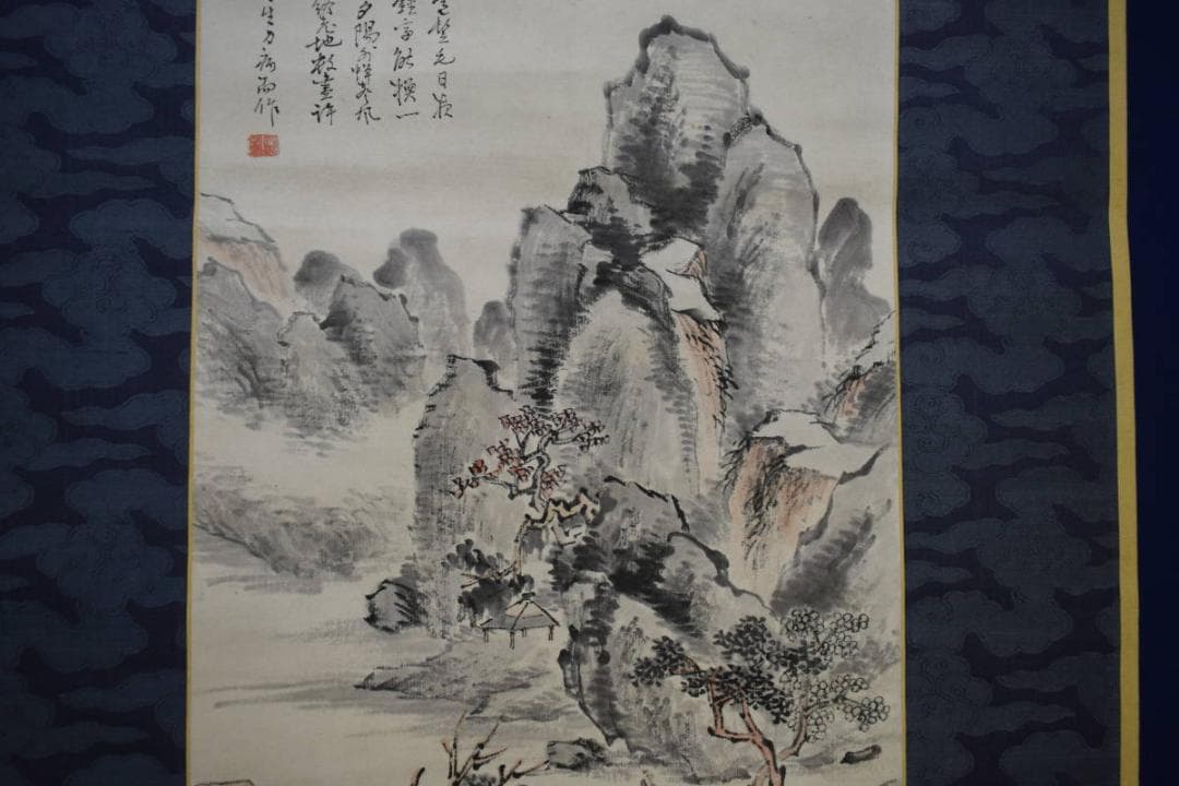 模写/田能村竹田/山水人物画賛/絹表装/南涯の桐極箱付/布袋屋掛軸HF-794