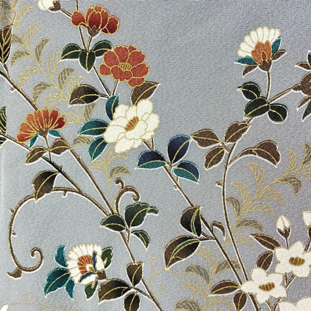 D58 訪問着 唐花 ブルーグレー 正絹 着物 袷 しつけ糸付き未使用極美品