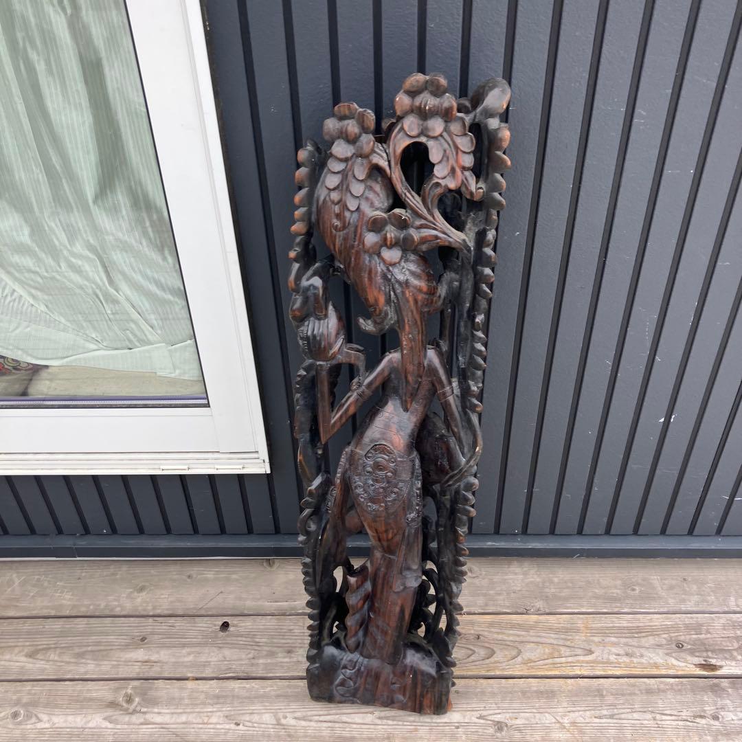 アジアンレトロ バリ 銘木一枚板 女性 女神像 民族 木彫り彫刻 オブジェ 飾り