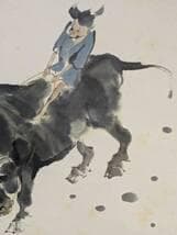 【真作】掛軸　小林五浪　牧童　牛乗り少年図　力強い墨の筆致　共箱入　T120