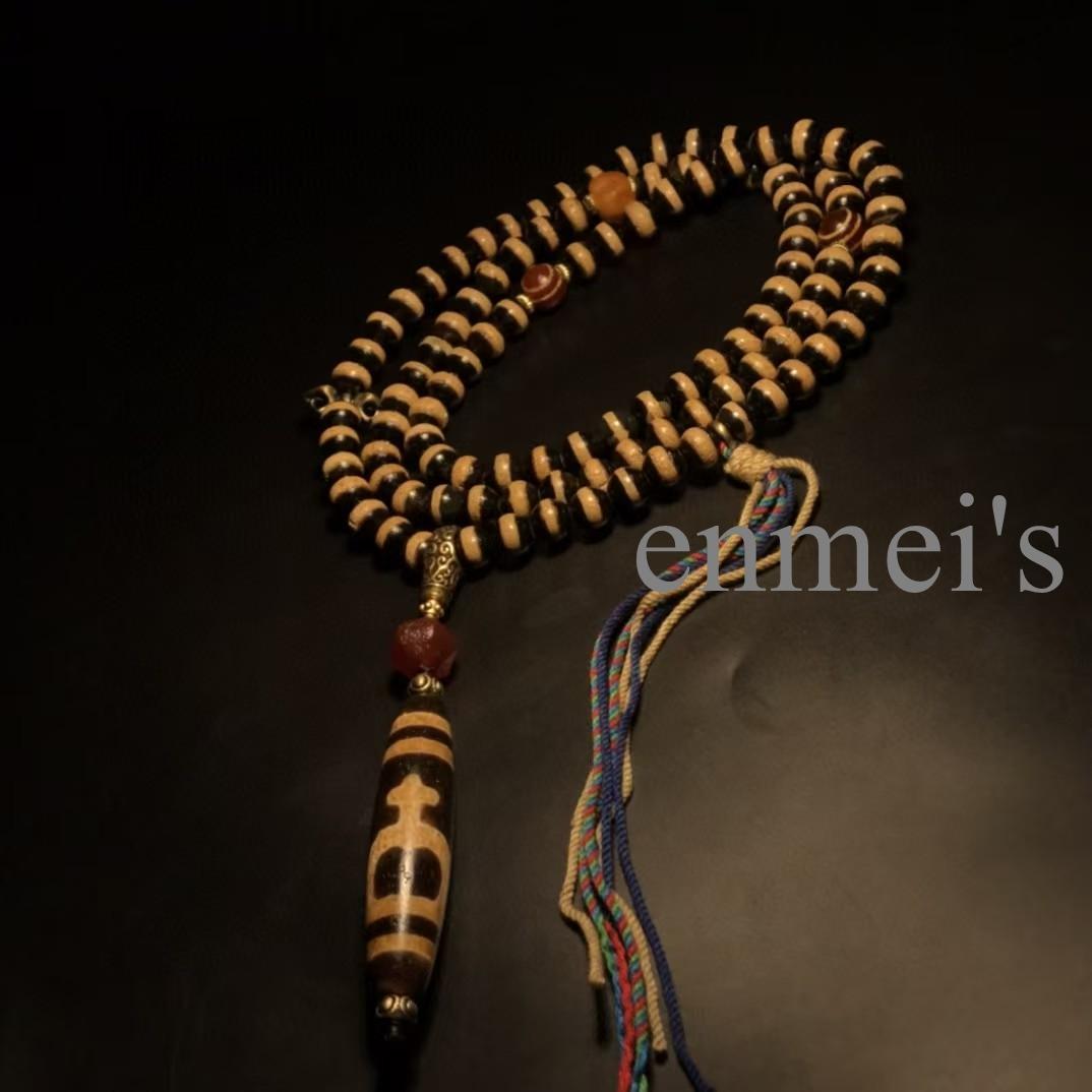 旧蔵チベット・古瑪瑙薬師珠念珠108粒×宝瓶天珠ネックレス・仏珠・文房具・古仏具