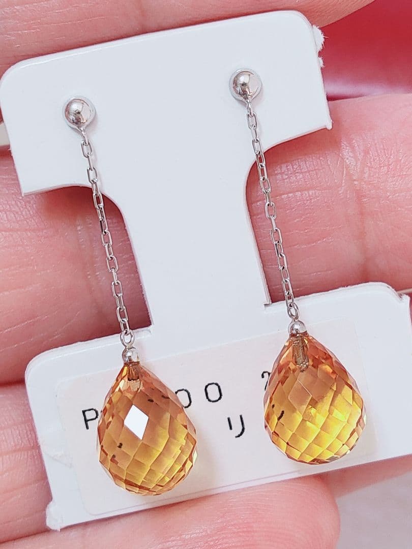 新作 未使用品 pt900 大粒 天然シトリン ロング ピアス