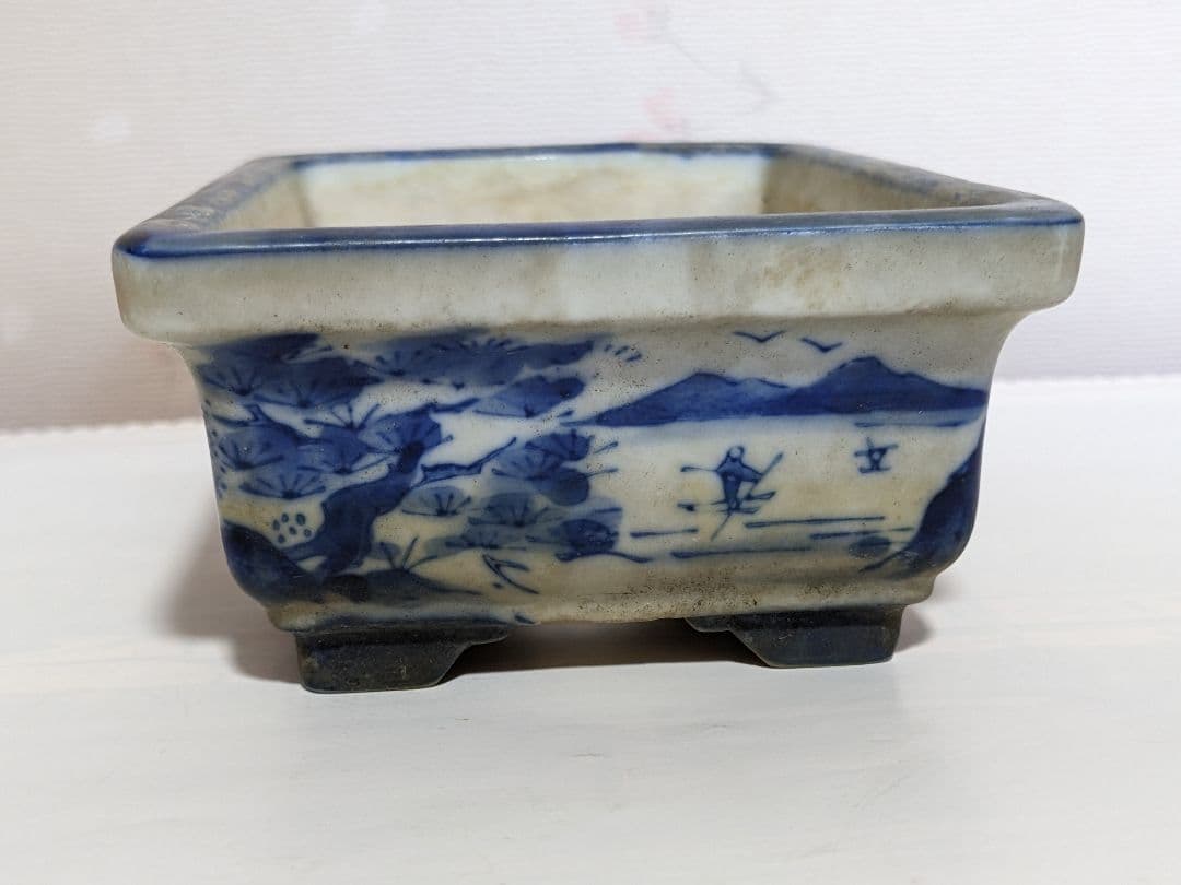 ♦染付山水図 長方角鉢 小品盆栽鉢 ミニ盆栽鉢 作家物 美術品 工芸品 骨董品
