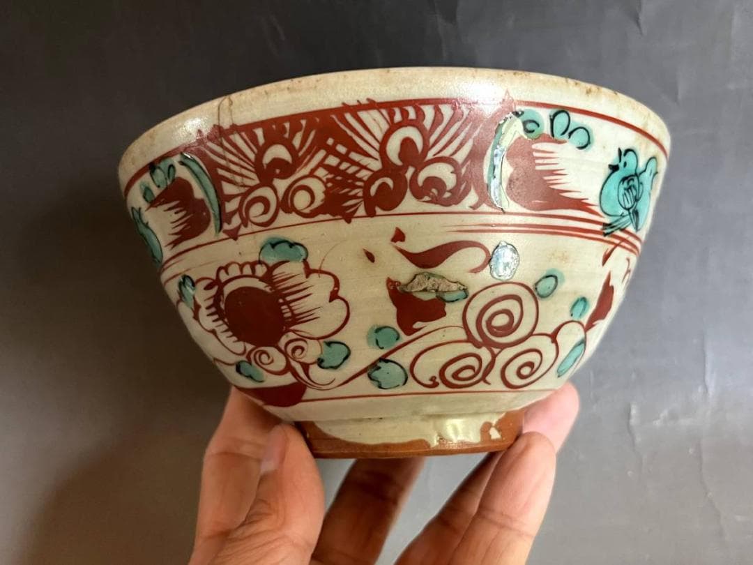 鉢■呉洲赤絵 魅手鉢 赤絵 鳳凰 花鳥紋 ニュウ有 古い大鉢 時代物 骨董品■