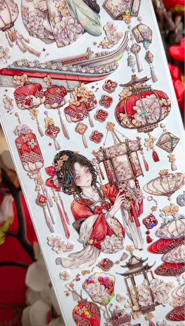 【9401】海外3/5/巻　貝殻光マスキングテープ　獅子先生新作　赤　人物古風系