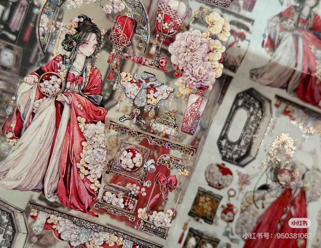 【9401】海外3/5/巻　貝殻光マスキングテープ　獅子先生新作　赤　人物古風系