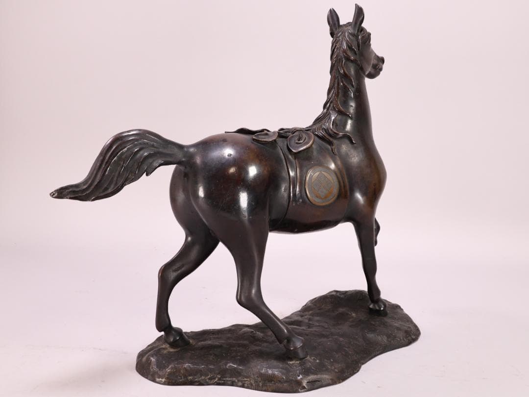 BK198　時代金工　古銅製　大名馬　置物　床飾　ブロンズ像　家紋　武田菱