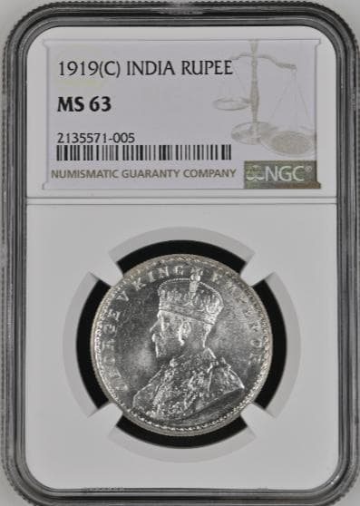 MS63『ジョージ5世1ルピー銀貨』英領インド：1919年　美品です！