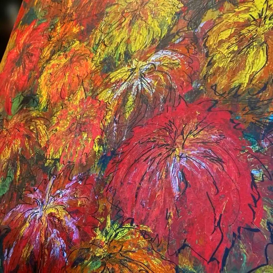 【絵画】50号 無題 花の絵 (アクリル絵具 蝋 油性マーカー) 極彩色