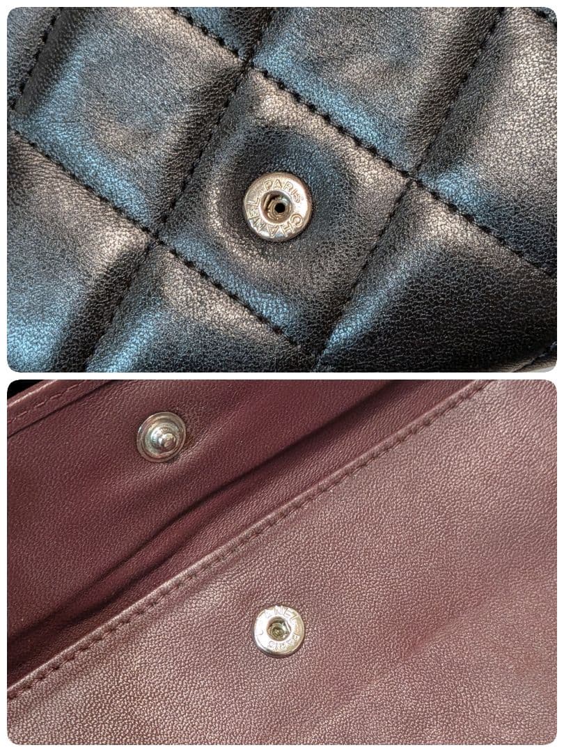 シャネル　マトラッセ　黒　三つ折り長財布　ラムスキン　シルバーココ　チェーン