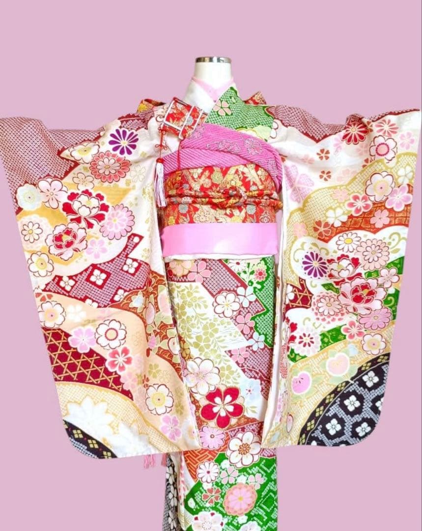 新品☆七五三着物四つ身作り帯フルセット(赤緑ピンク黄色)