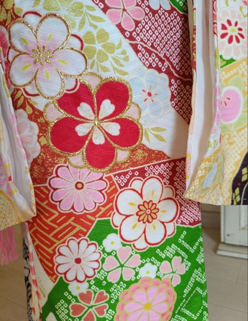 新品☆七五三着物四つ身作り帯フルセット(赤緑ピンク黄色)