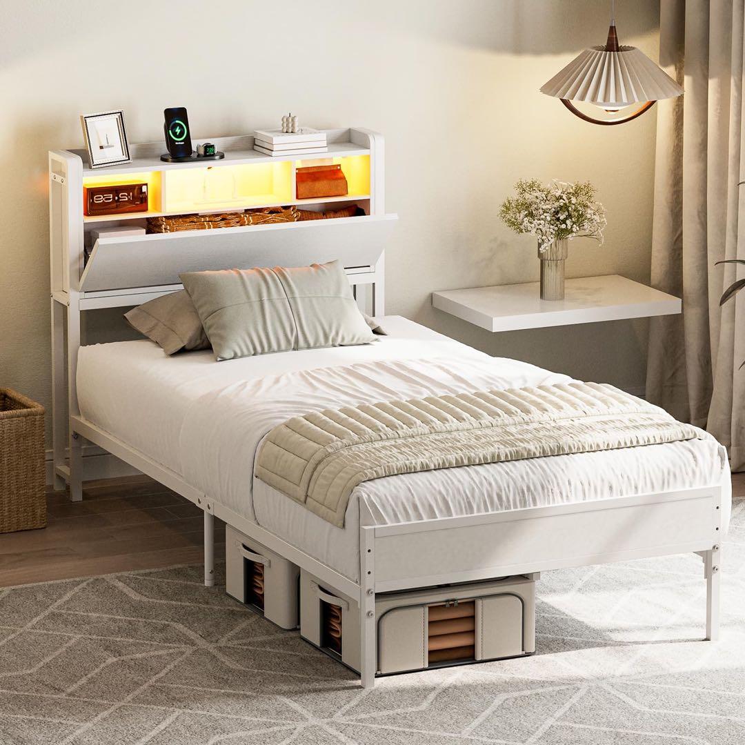 ベッドフレーム シングル 収納宮棚付き パイプベッド コンセント付き