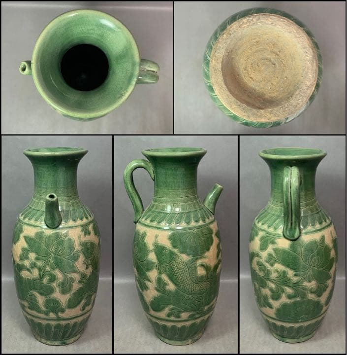 中国 緑釉魚絵水注　u6221009