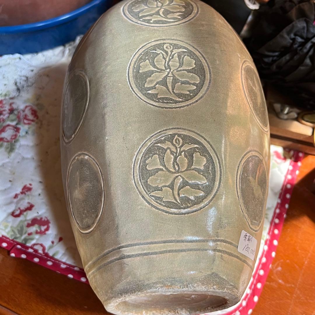 梅瓶 李朝時代 高麗 青磁 カケあり 貫入 朝鮮古美術 草花紋様 骨董 鶴 壺