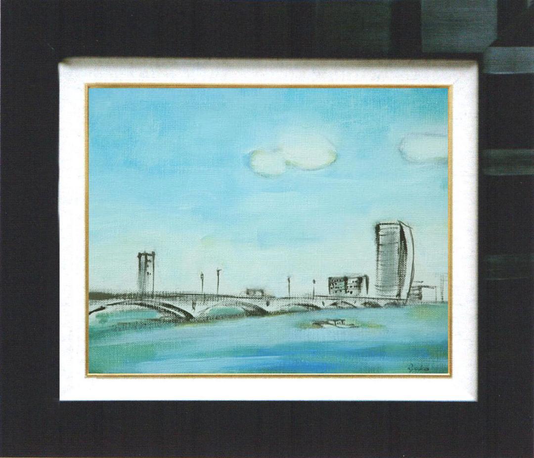 油絵 菅家令子 絵 絵画インテリア額付(黒) F4-090114 風景万代橋新潟