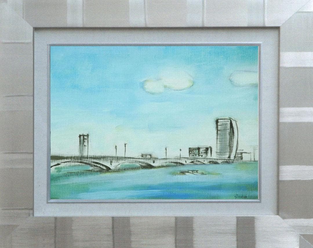 油絵 菅家令子 絵 絵画インテリア額付(黒) F4-090114 風景万代橋新潟