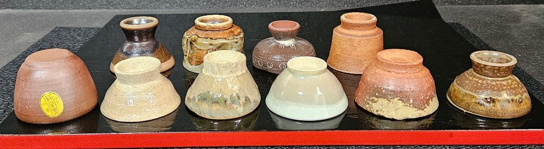 【日本の陶器】ぐい呑　盃　10客　布志名　信楽　朝日焼　三助　赤膚　二本松萬古等