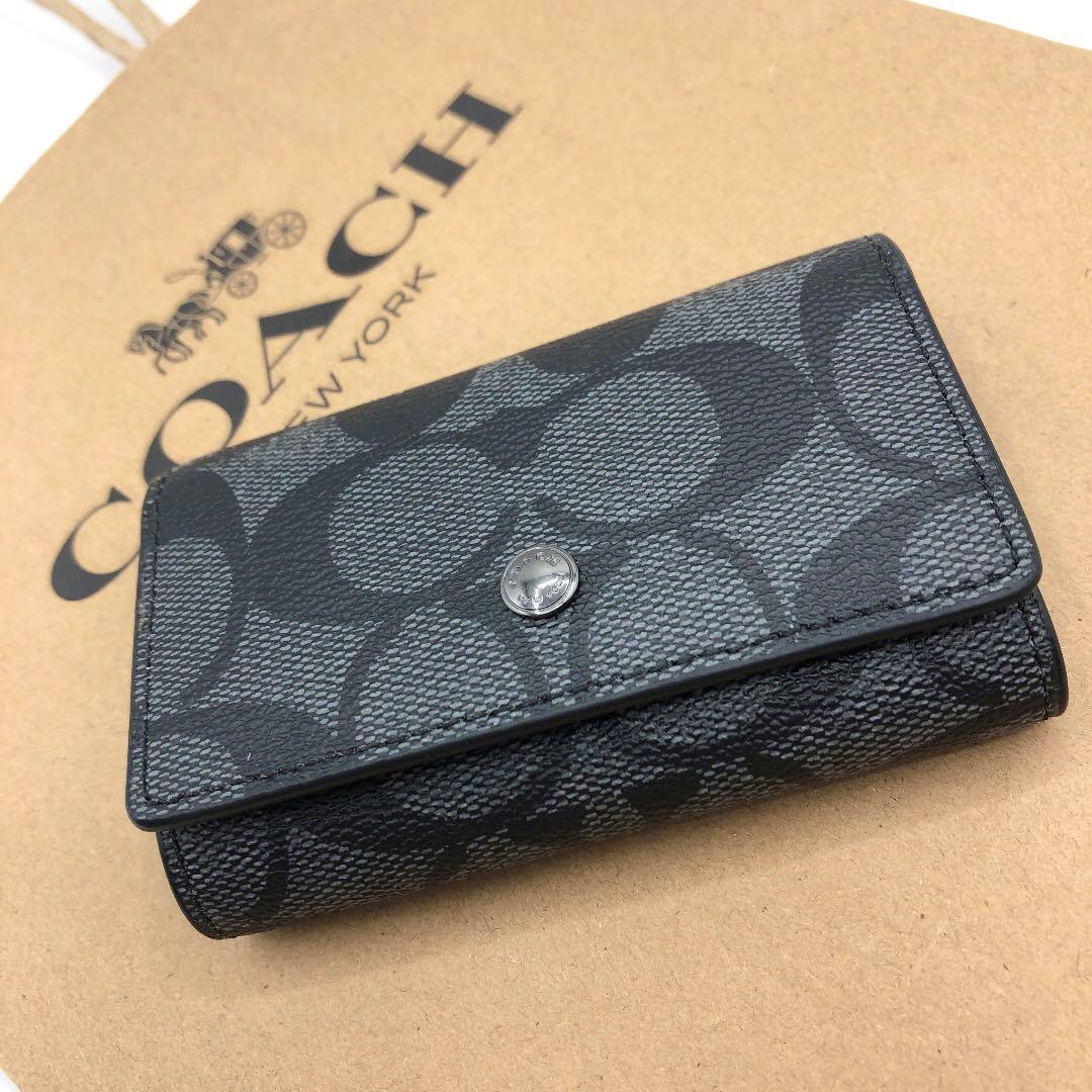 【COACH☆訳あり新品】☆シグネチャー☆チャコール☆5 リング キー ケース☆