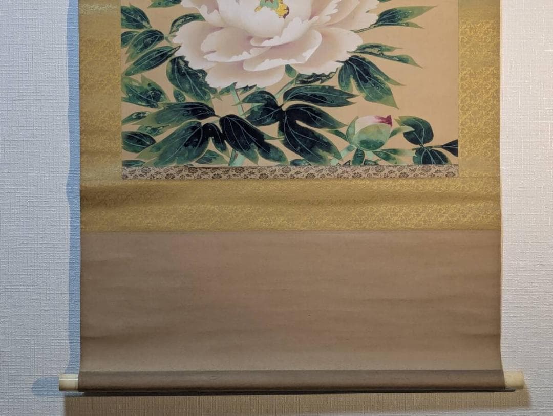 【真作】掛軸　田中針水　牡丹に蝶図　彩色花鳥画　彩色床の間飾り　合箱入　U114