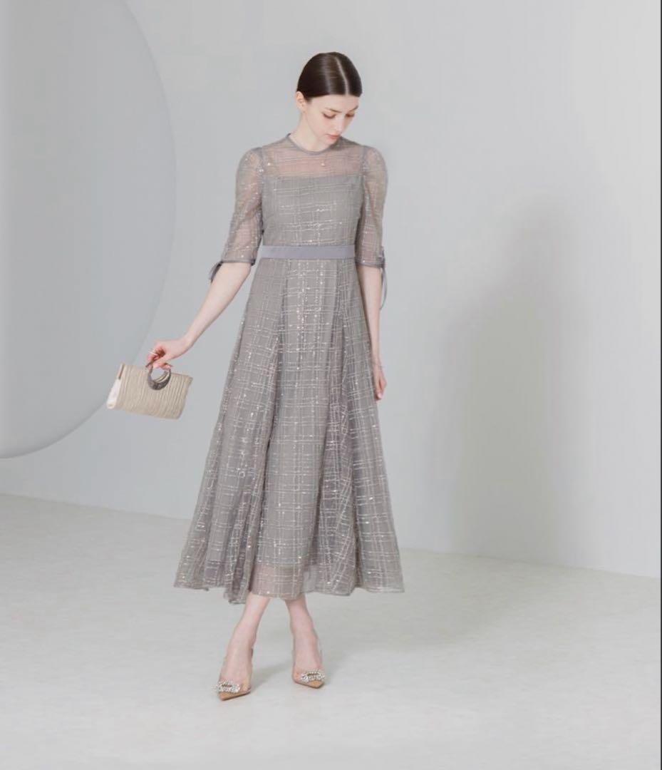 LEJA チェック刺繍スパンコール袖リボンワンピースドレス