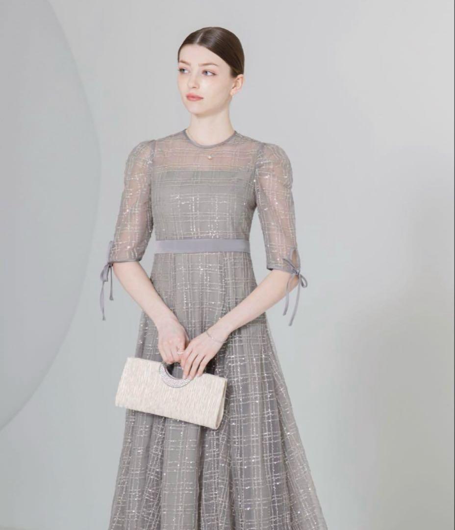 LEJA チェック刺繍スパンコール袖リボンワンピースドレス