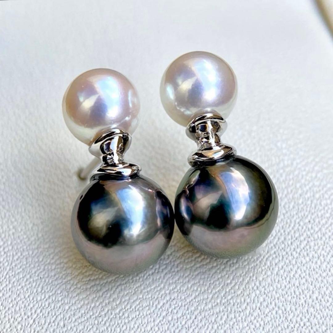 本真珠南洋黒蝶真珠とあこや真珠　双色　双子デザインs925ピアスBL932