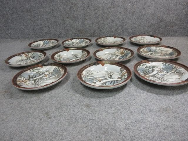 九谷焼 色絵 冬景色 小皿 11枚 上出製 [B24447]