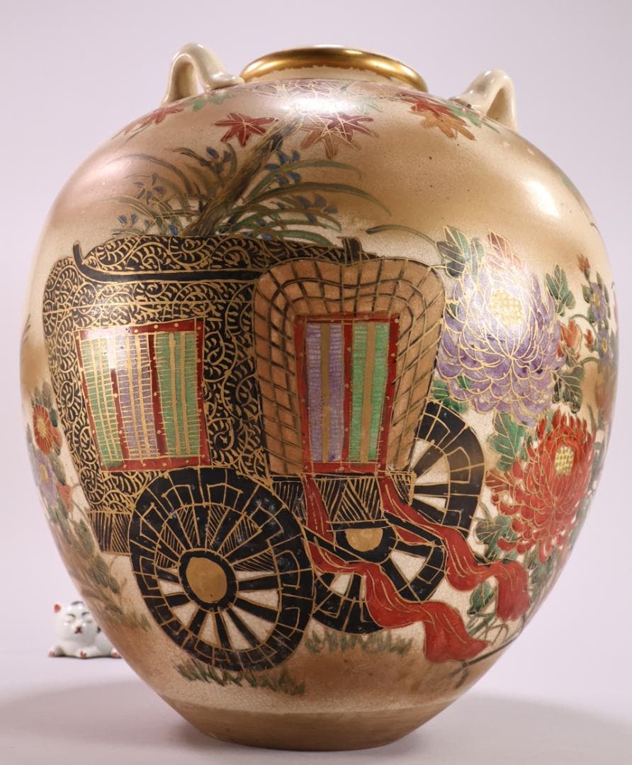 仁清 写　 色絵 金雲菊花御所車図　四耳壺　茶壺　花瓶　壷　花器　BK49