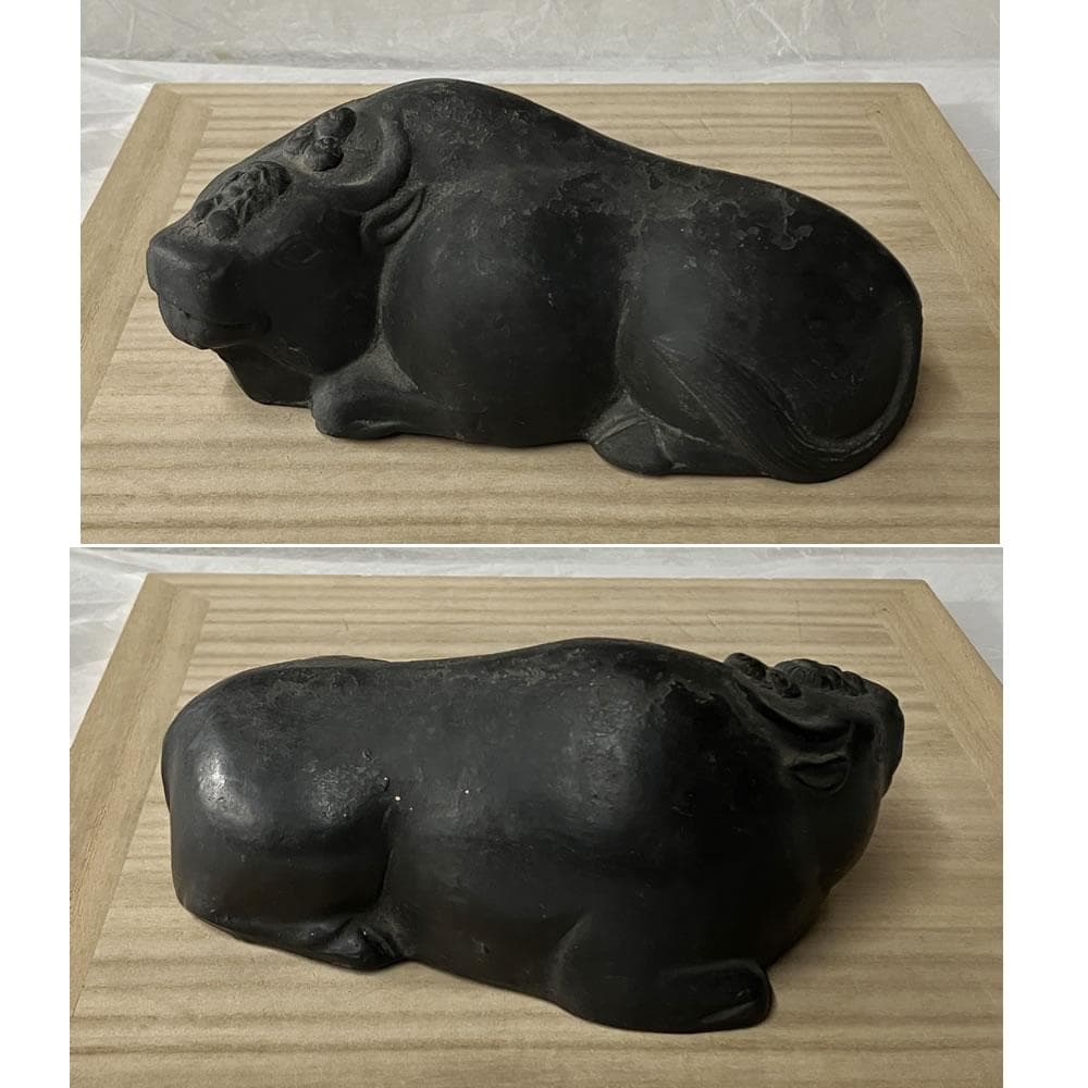 e3106 伏見焼 撫で牛 江戸期 巾16cm 撫牛 牛 開運 縁起物 置物