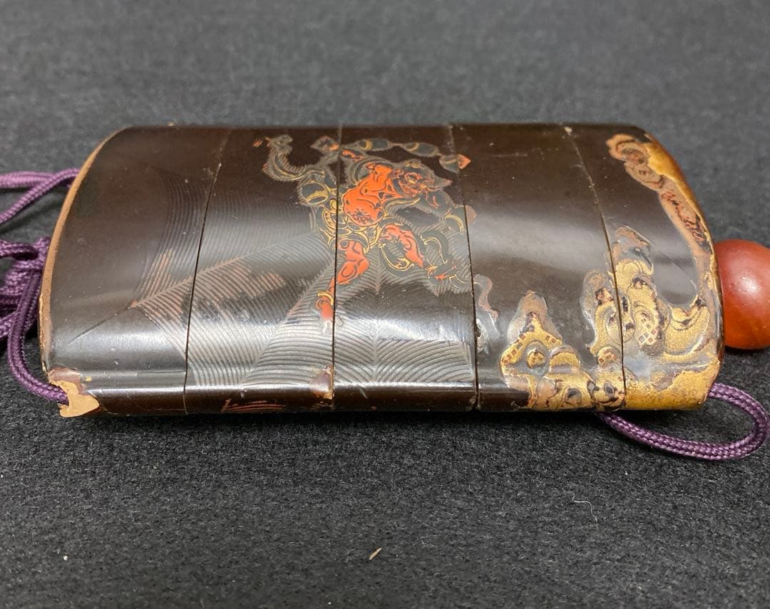 江戸時代　蒔絵鬼図内梨地印籠　共箱　128g 東Y7-0328☆2Fトコカ