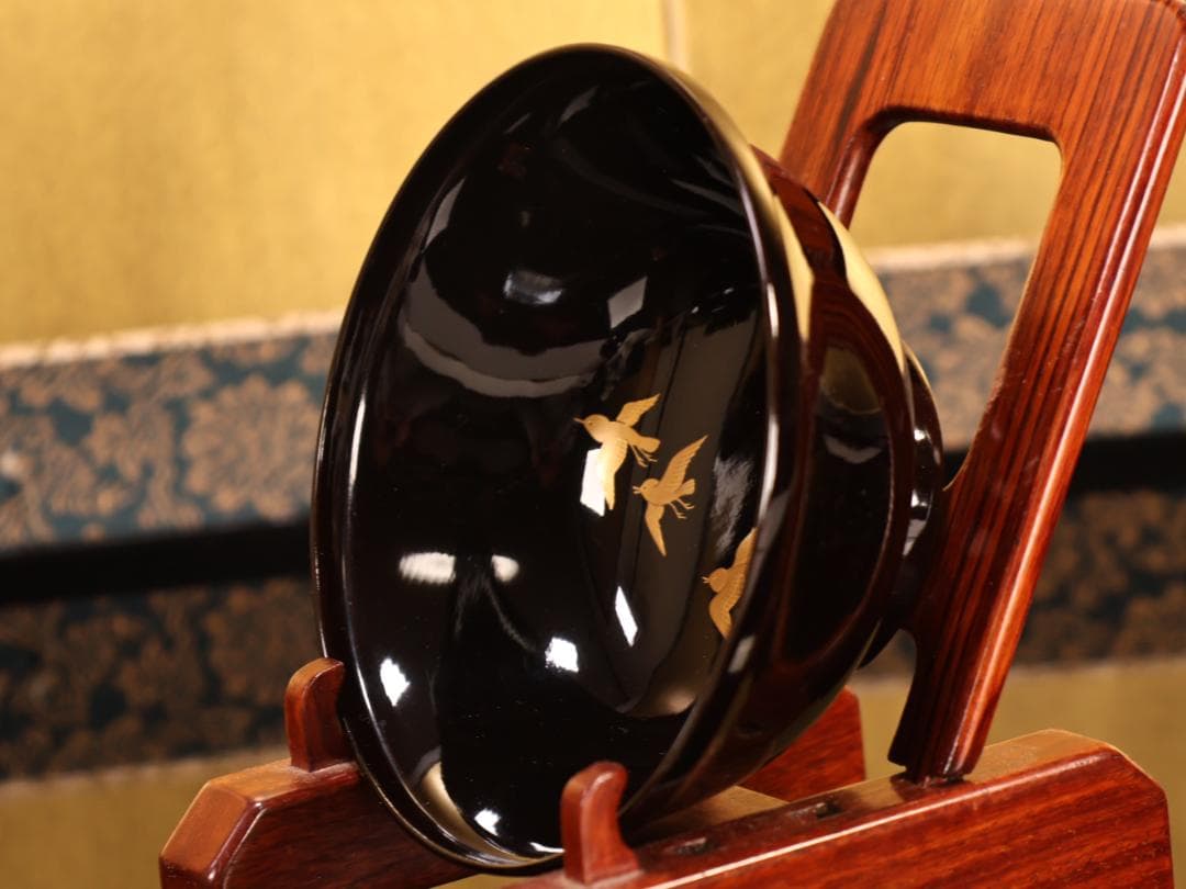 BK407　時代輪島塗　宝船図金蒔絵　波千鳥　吸物椀　二客　木製　茶道具 懐石