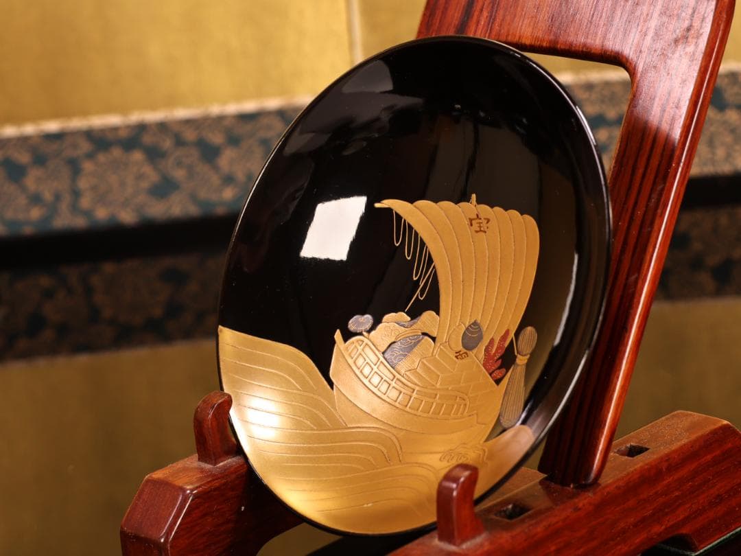 BK407　時代輪島塗　宝船図金蒔絵　波千鳥　吸物椀　二客　木製　茶道具 懐石