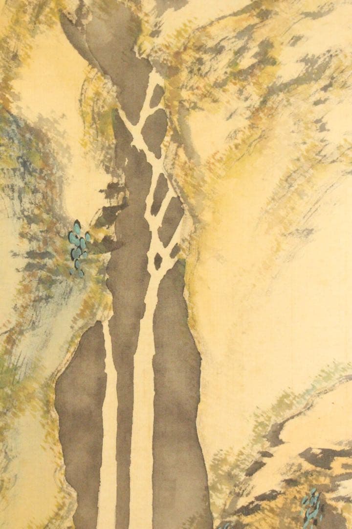 No5217 掛軸　雲外山人　在銘　青緑山水人物画　山水　着色絹本　送料無料