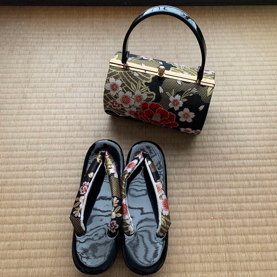 【最後の値下げ】和装用バッグと下駄セット　成人式バッグ黒　成人式草履黒