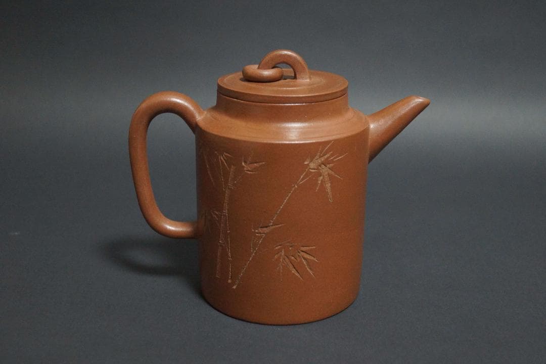 中国宜興 清 名家 朱石梅 款 細工彫り『竹漢詩文』 造形紫砂壺 急須 茶道具