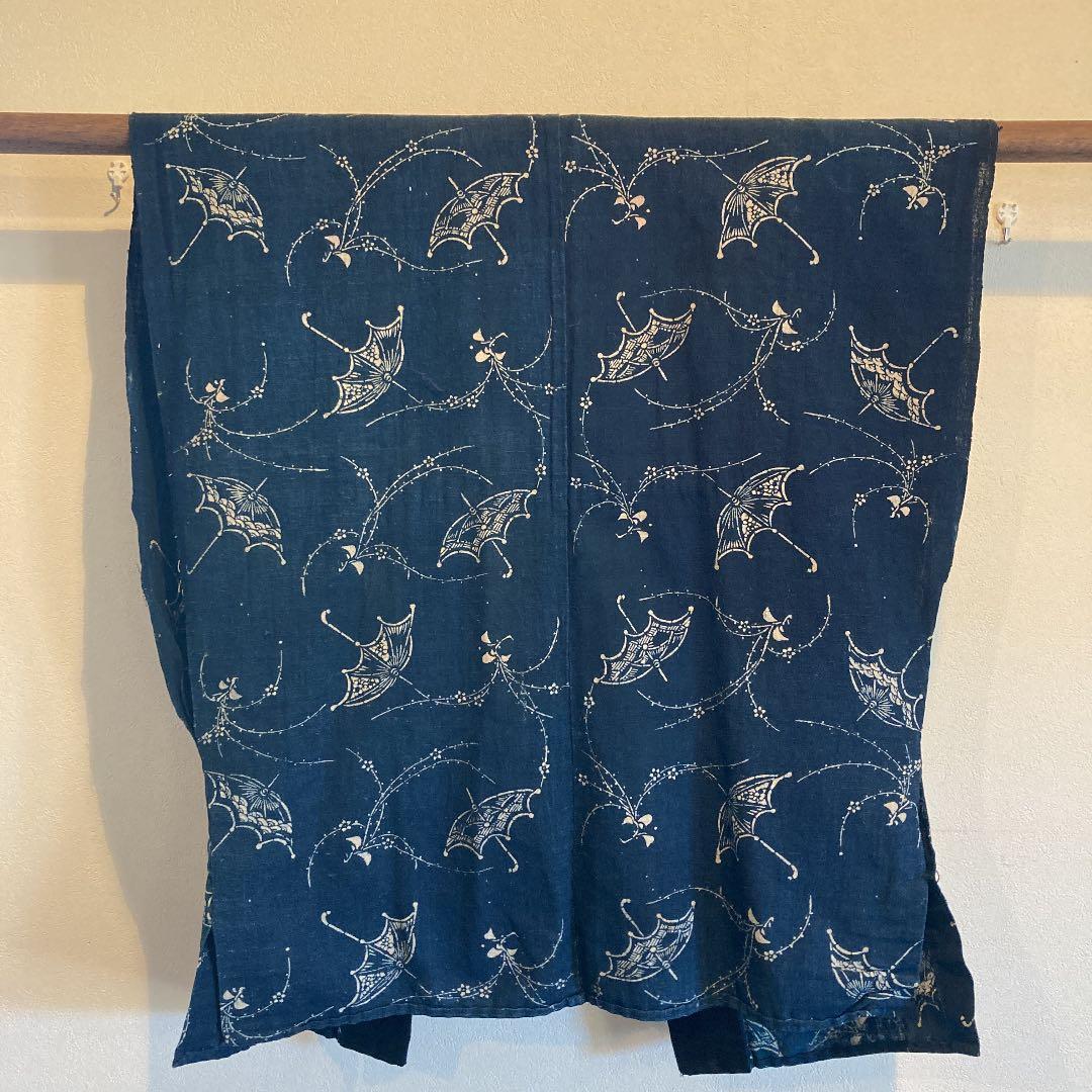 古布　半襦袢　両面染め　型染　藍染　袖無し　日傘　ハイカラ　パラソル